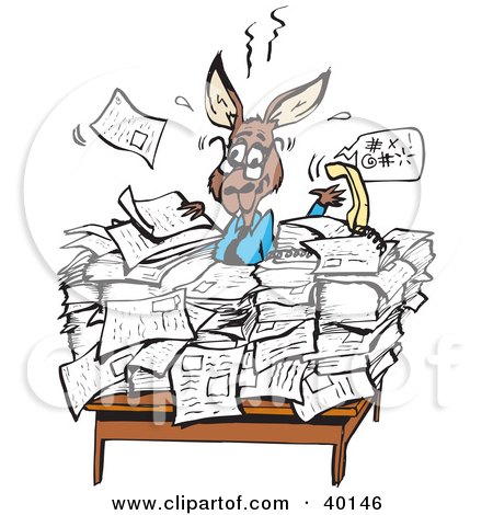 Clipart Illustration of a Busy Kangaroo Office Worker Buried In Paperwork At His Desk by Dennis Holmes Designs