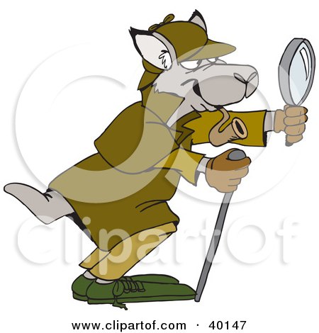 Clipart Illustration of a Kangaroo Inspector Smoking A Pipe And Looking Through A Magnifying Glass by Dennis Holmes Designs
