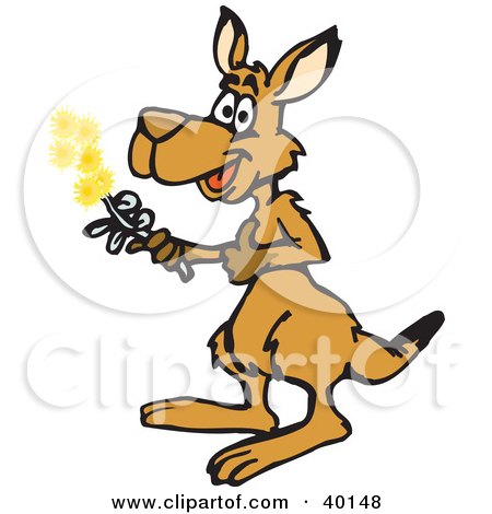 Clipart Illustration of a Thoughtful Kangaroo Holding Yellow Flowers by Dennis Holmes Designs