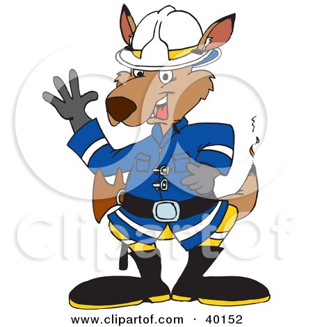 Clipart Illustration of a Kangaroo Fire Fighter Waving, His Tail Smoking by Dennis Holmes Designs