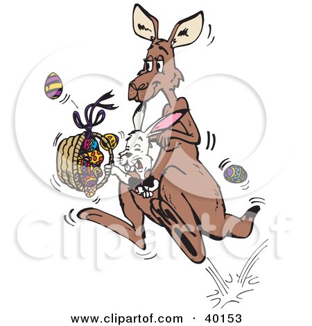 Clipart Illustration of a Bunny Rabbit Riding In A Kangaroo's Pouch And Carrying Easter Eggs In A Basket by Dennis Holmes Designs