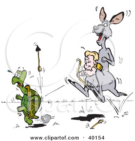 Clipart Illustration of Cupid Riding In A Kangaroo Pouch And Shooting Arrows At A Tortoise by Dennis Holmes Designs