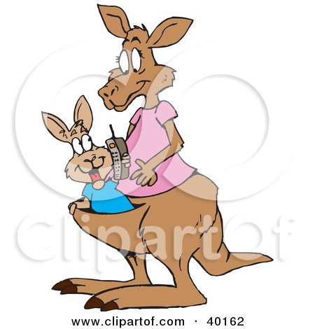 Clipart Illustration of a Joey Kangaroo Talking On A Cell Phone In His Mother's Pouch by Dennis Holmes Designs