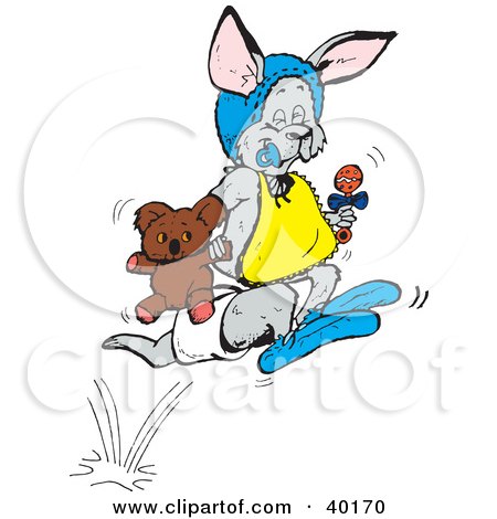 Clipart Illustration of a Hopping Baby Kangaroo Carrying A Teddy Bear And Rattle by Dennis Holmes Designs
