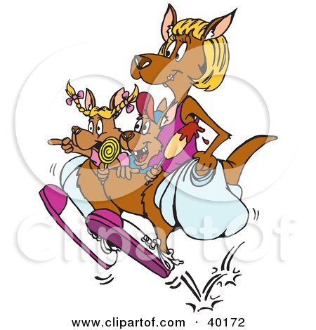 Clipart Illustration of Boy And Girl Joeys Eating Candy And Having Fun In Their Mother's Pouch As She Shops by Dennis Holmes Designs