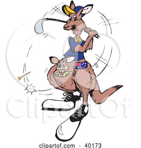 Clipart Illustration of a Golfing Kangaroo With A Joey by Dennis Holmes Designs