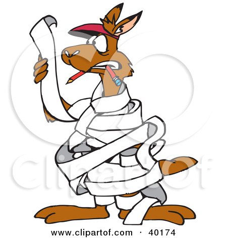 Clipart Illustration of a Kangaroo Proof Reader Tangled And Wrapped In A Long Piece Of Paper, List, Or Office Memo by Dennis Holmes Designs