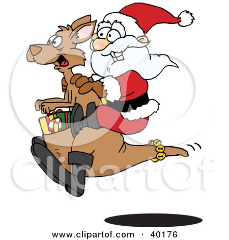Clipart Illustration of Santa Riding On A Kangaroo, With Christmas Presents In The Pouch by Dennis Holmes Designs