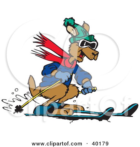 Clipart Illustration of a Brown Kangaroo Skiing And Dressed In Winter Clothes by Dennis Holmes Designs