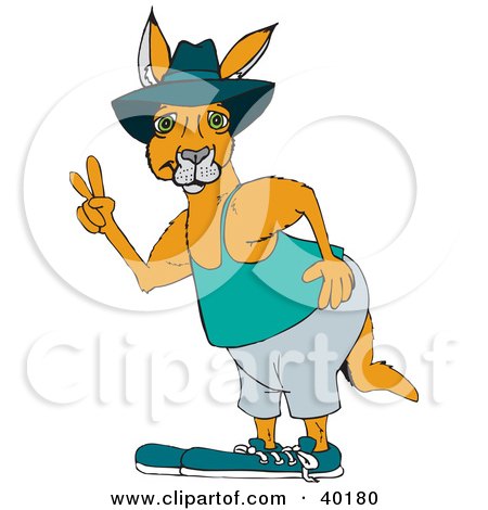 Clipart Illustration of a Cool Kangaroo Gesturing The Peace Sign And Wearing Clothes by Dennis Holmes Designs