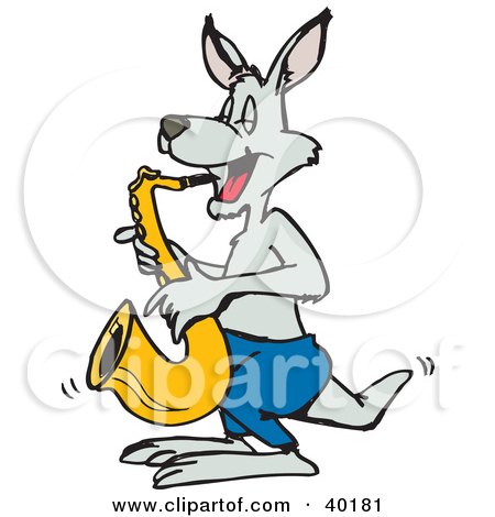 Clipart Illustration of a Musical Gray Kangaroo Playing A Saxophone by Dennis Holmes Designs