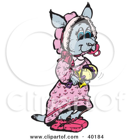 Clipart Illustration of a Girl Kangaroo In A Pink Dress And Bonnet, Holding A Rattle by Dennis Holmes Designs