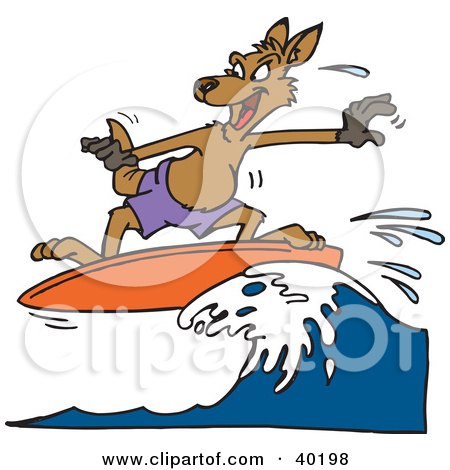 Clipart Illustration of a Brown Kangaroo Surfing On Top Of A Wave by Dennis Holmes Designs