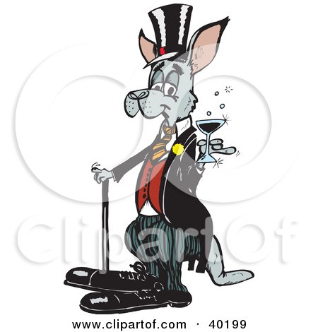 Clipart Illustration of a Wealthy Kangaroo With A Cane, Standing And Holding A Glass Of Wine by Dennis Holmes Designs