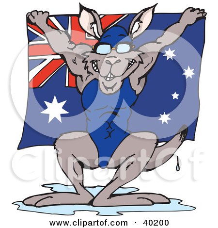 Clipart Illustration of an Aussie Swimmer Kangaroo Dripping Wet And Holding Up An Australian Flag by Dennis Holmes Designs