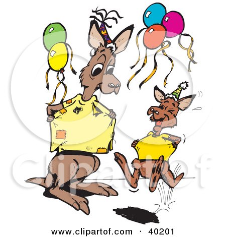 Clipart Illustration of Young And Old Kangaroos Comparing Their Shirts At A Birthday Party by Dennis Holmes Designs