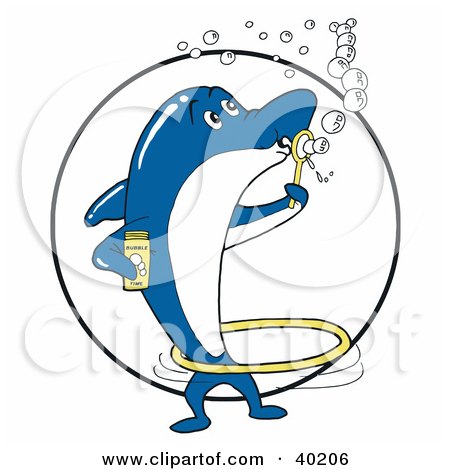 Clipart Illustration of a Blue And White Dolphin Blowing Bubbles And Spinning A Hula Hoop by LaffToon