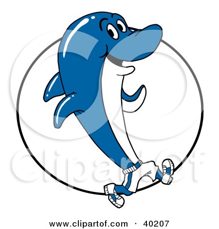 Clipart Illustration of a Blue And White Dolphin Wearing Shoes And Running In Front Of A Circle by LaffToon