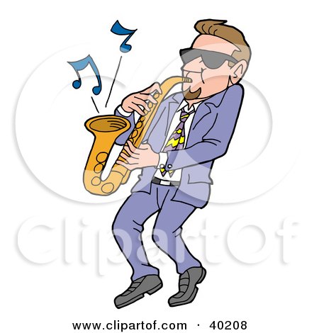 Clipart Illustration of a Cool Caucasian Man Wearing Shades And Leaning Back While Playing Blues Music On A Sax by LaffToon