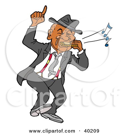 Clipart Illustration of a Black Man Dancing And Playing Blues Music On A Harmonica by LaffToon