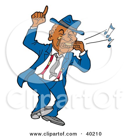 Clipart Illustration of an African American Harmonica Player Man Dancing And Playing Blues Music by LaffToon