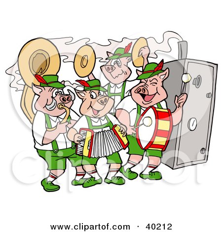 Clipart Illustration of a Pig Oktoberfest Band Playing Instruments And Standing By A Smoker by LaffToon
