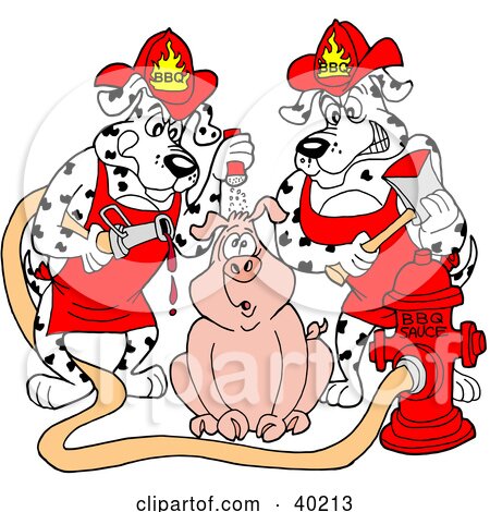 Clipart Illustration of Two Hungry Fire House Dalmatian Dogs Pouring Bbq Sauce On A Pig by LaffToon