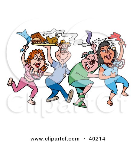 Clipart Illustration of Dancing Mardi Gras Pigs Holding Up A Tray Of Bbq Meat  by LaffToon