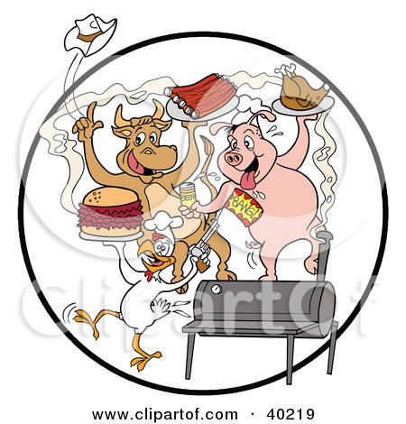 Clipart Illustration of a Cow, Pig And Chicken Celebrating At A Bbq, Eating Bbq Ribs, Burgers And Chicken by LaffToon