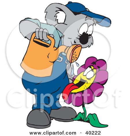 Clipart Illustration of a Koala Gardener Watering A Thirsty Flower by Dennis Holmes Designs