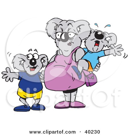 Clipart Illustration of a Pregnant Mother Koala With A Crying Baby And Happy Child by Dennis Holmes Designs