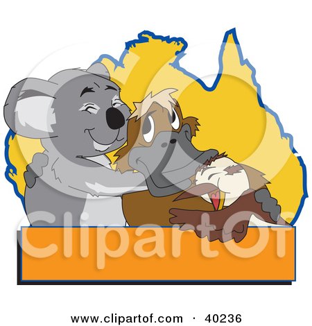 Clipart Illustration of a Koala, Platypus And Bird Hugging In Front Of An Australian Map, With A Blank Orange Text Box by Dennis Holmes Designs