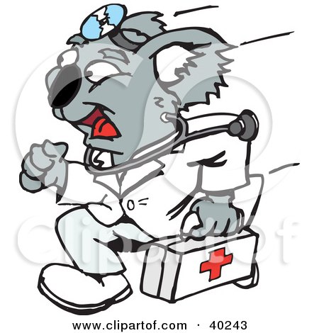 Clipart Illustration of a Koala Emergency Paramedic Running With A First Aid Kit by Dennis Holmes Designs