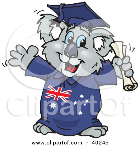 Clipart Illustration of a Smart Graduating Koala In An Aussie Gown, Holding A Diploma by Dennis Holmes Designs