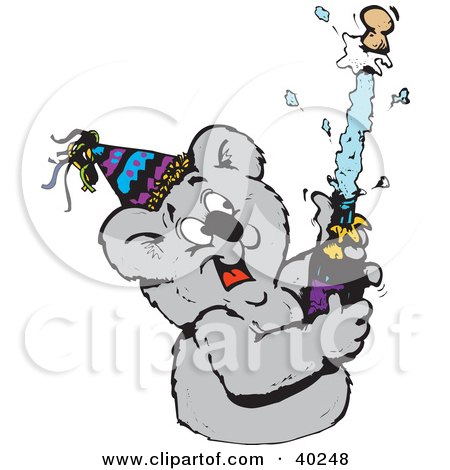 Clipart Illustration of a Koala Popping A Cork Off Of A Bottle Of Champagne At A New Years Party by Dennis Holmes Designs