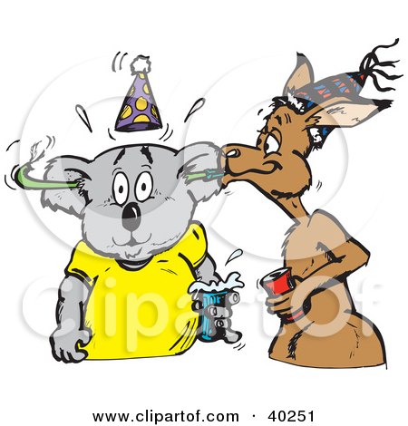 Clipart Illustration of a Kangaroo Blowing A Blower Toy Through A Koala's Ears At A Party by Dennis Holmes Designs