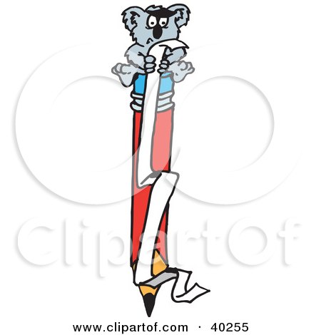 Clipart Illustration of a Koala Sitting On Top Of A Giant Pencil, Reading A Long List by Dennis Holmes Designs