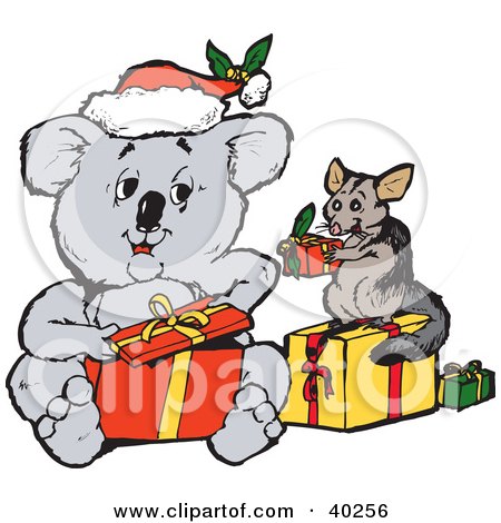 Clipart Illustration of a Koala And Squirrel Exchanging Christmas Presents by Dennis Holmes Designs