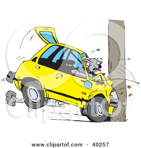 Clipart Illustration of a Koala Crashing Their Car Into A Pole by Dennis Holmes Designs