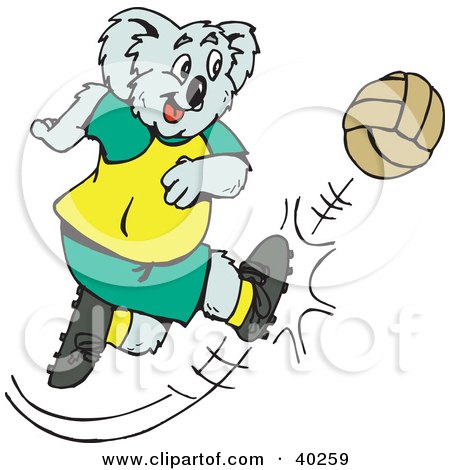 Clipart Illustration of a Soccer Koala Kicking A Ball Hard by Dennis Holmes Designs