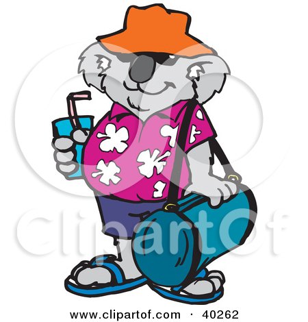 Clipart Illustration of a Koala Tourist Sipping A Beverage And Carrying Luggage by Dennis Holmes Designs