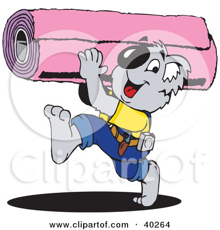 Clipart Illustration of a Koala Carpet Installer Carrying A Roll by Dennis Holmes Designs
