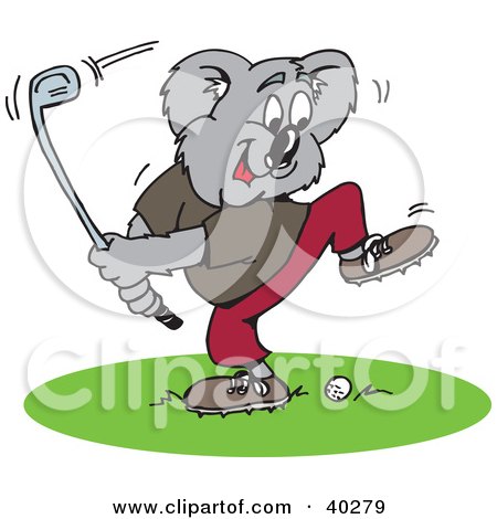 Clipart Illustration of a Golfing Koala Swinging a Club by Dennis Holmes Designs