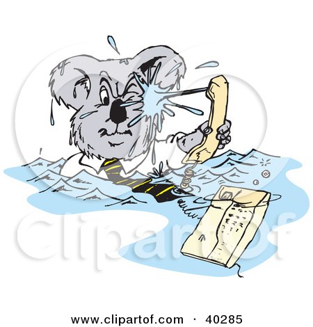 Clipart Illustration of a Business Koala Being Squirt By A Phone During A Flood by Dennis Holmes Designs