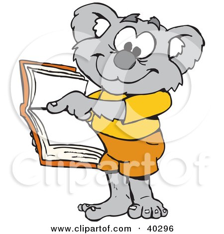 Clipart Illustration of a Koala Student Pointing To An Open Book by Dennis Holmes Designs