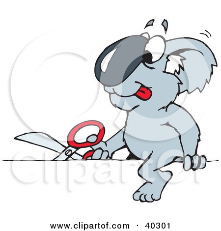 Clipart Illustration of a Koala Sitting On A Ledge And Cutting It With Scissors by Dennis Holmes Designs