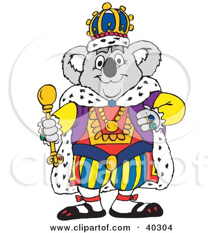 Clipart Illustration of a Koala King In Luxurious Robes And A Crown, Holding A Staff by Dennis Holmes Designs