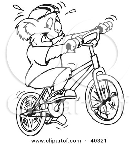 Clipart Illustration of a Black And White Coloring Book Page Of A Koala Riding A Bike by Dennis Holmes Designs