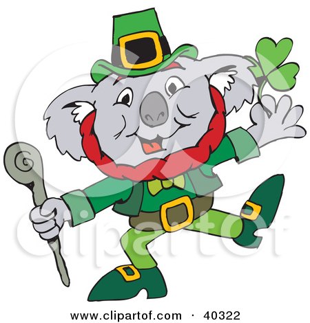 Clipart Illustration of a St Patricks Day Koala Leprechaun Dancing With A Clover by Dennis Holmes Designs
