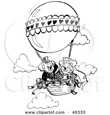 Clipart Illustration of a Black And White Outline Of A Koala Bride And Groom In A Hot Air Balloon by Dennis Holmes Designs